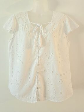 Tribal Eyelet Blouse Button Down Lined Short Cap Sleeves Sz Medium Euc